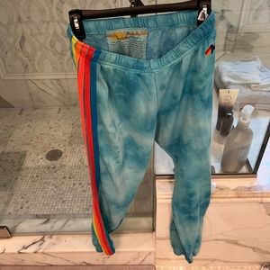 Blue tie dye and rainbow stripe Aviator Nation sweats size medium